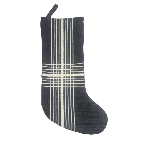 Hobby Lobby Black Burlap 17.5" Christmas Stocking White Stripe Plaid Holiday Dec - Picture 1 of 5